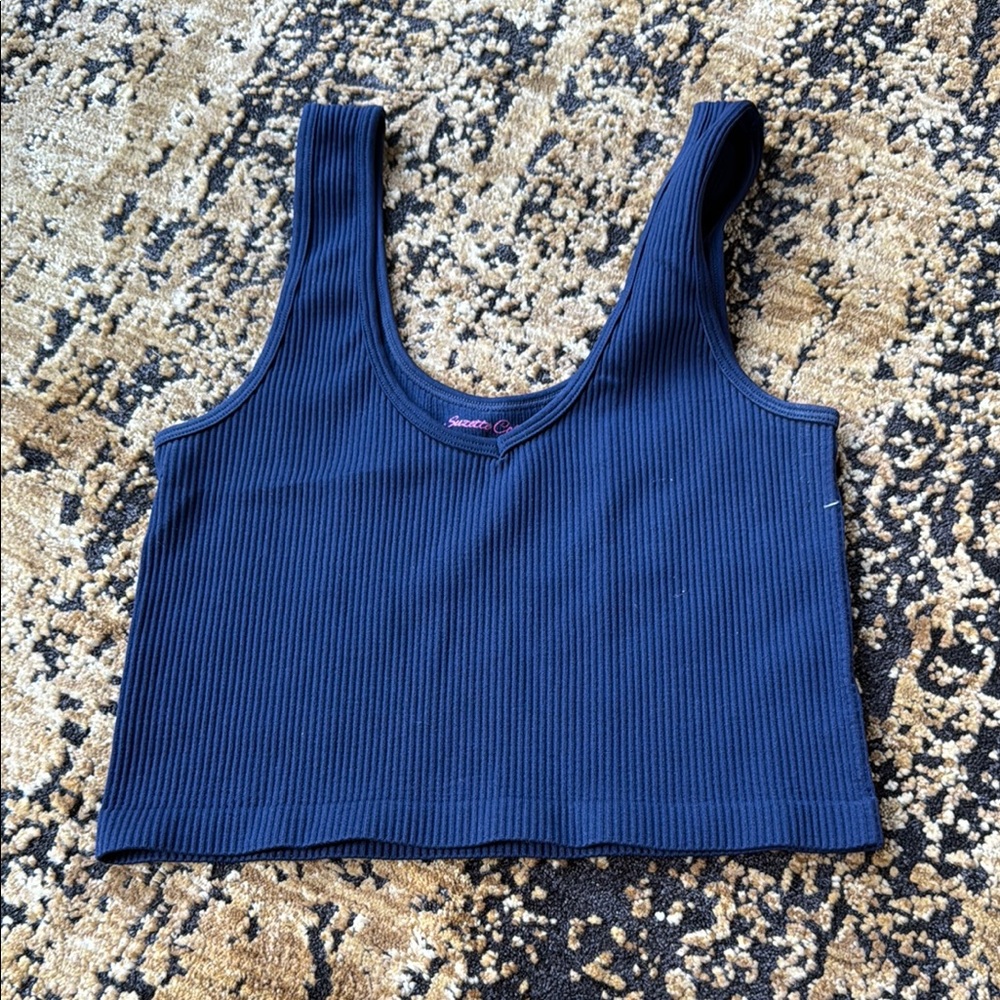 Suzette Collection Blue Ribbed Sleeveless Crop Tank Top